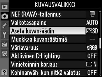 J Nikon-kuvansäätimien valinta Kamerassa on neljä esiasetettua Nikon-kuvansäädintä. Valita kuvansäädin aiheen tai kohteen mukaan.