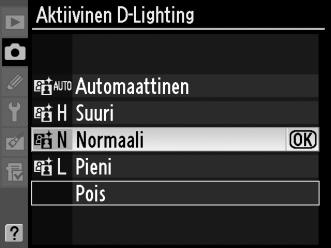 D Aktiivinen D-Lighting J Kun Aktiivinen D-Lighting on käytössä, kuvien tallentaminen kestää tavallista kauemmin samalla kun puskurimuistin kapasiteetti laskee (s. 424). Käytä matriisimittausta (s.