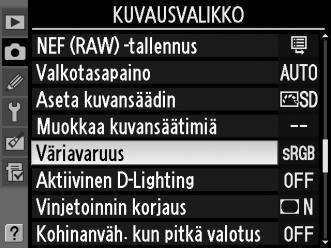 Väriavaruus Väriavaruus määrittelee värintoistossa käytössä olevien värien määrän. Valitse väriavaruus sen mukaan, kuinka valokuvia käsitellään siinä vaiheessa, kun ne siirretään pois kamerasta.