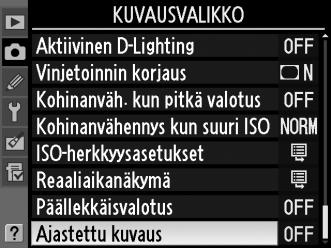 Kuvaaminen väliaikaajastimella Kamera pystyy ottamaan valokuvia automaattisesti ennalta valituin väliajoin. 1 Valitse Ajastettu kuvaus. Korosta kuvausvalikossa Ajastettu kuvaus (s. 268) ja paina 2.