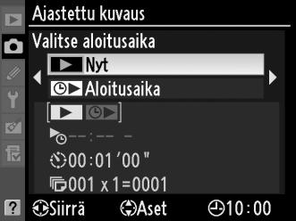 Aloitusaika: Valitse aloitusaika (katso vaihe 3). D Ennen kuvaamista Valitse ajastettua kuvausta käyttäessäsi yksittäiskuvaus (S), hidas sarjakuvaus, hidas (CL) tai nopea sarjakuvaus (CH).