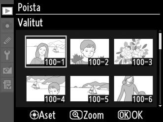2 Näytä pienoiskuvat. Jos haluat valita kuvia pienoiskuvien listasta, valitse Valitut -, Valitse/aseta - tai Tulosta (DPOF) -vaihtoehto. 3 Korosta kuva.