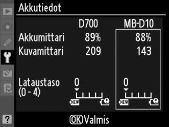 A MB-D10-akkuperä Tiedot, jotka näkyvät, kun kameran virtalähteenä on lisävarusteena saatava MB-D10-akkuperä, riippuvat käytettävän akun ja paristojen tyypistä: Akkumittari Kuvamittari Kalibroi