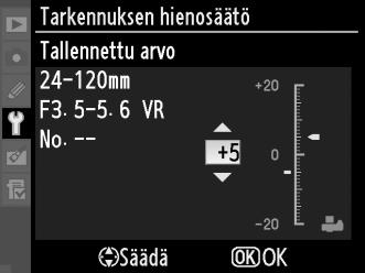 Tarkennuksen hienosäätö Voit hienosäätää tarkennuksen jopa 12 linssityypille. Tarkennuksen säätöä ei tavallisesti suositella, ja se voi häiritä normaalia tarkentamista. Käytä vain tarpeen mukaan.