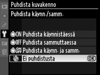 2 Valitse vaihtoehto. Korosta yksi seuraavista vaihtoehdoista ja paina J. Asetus 5 Puhdista käynnistäessä 6 Puhdista sammutaessa 7 8 Puhdista käynn. ja samm.