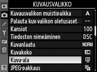 Kuva-ala voidaan valita käyttämällä kuvausvalikon Kuva-alaasetusta tai (jos kuva-ala on määritetty Fn-painikkeeseen) painamalla Fn-painiketta ja kiertämällä pääkomentokiekkoa.