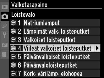 A Kuvausvalikko Valkotasapaino voidaan valita Valkotasapaino -asetuksella kuvausvalikossa (0 148).