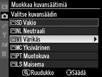 Mukautettujen Picture Control -säätimien luominen Kameran mukana toimitetuista Picture Control -säätimistä voidaan muokata ja tallentaa mukautettuja Picture Control -säätimiä.