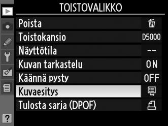 Kuvaesitykset Toistovalikon Kuvaesitys-vaihtoehtoa käytetään nykyisessä toistokansiossa olevien kuvien näyttämiseen kuvaesityksenä (0 146).