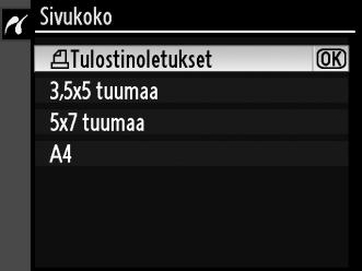 Saat näkyviin kuusi kuvaa kerrallaan painamalla W-painiketta. Valitse kuvat monivalitsimella. Voit katsella korostettua kuvaa koko näytön kokoisena painamalla X. 2 Tuo näyttöön tulostusasetukset.