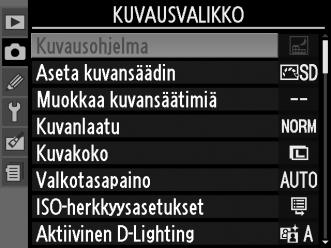 C Kuvausvalikko: Kuvausasetukset Avaa kuvausvalikko painamalla G ja valitsemalla C (kuvausvalikko) -välilehti.