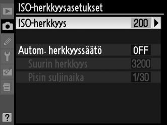 ISO-herkkyysasetukset G-painike C kuvausvalikko Säädä ISO-herkkyyttä (0 74). Autom. herkkyyssäätö Jos Pois on valittu kohdassa Autom.