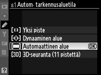 a: Automaattitarkennus a1: Autom. tarkennusaluetila G-painike A Mukautetut asetukset - valikko Tämä toiminto määrittelee miten automaattitarkennuksen tarkennuspiste valitaan (0 56). a2: Yhdysrak.