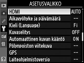 B Asetusvalikko: Kameran asetukset Tuodaksesi esiin asetusvalikon, paina G ja valitse B (asetusvalikko) välilehti. G -painike Asetusvalikko sisältää seuraavat vaihtoehdot.