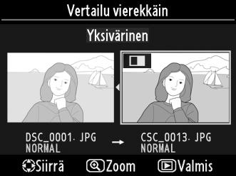 Vierekkäisen vertailun tekeminen 1 Valitse kuva. Valitse muokattu kopio (osoitetaan N - kuvakkeella) tai valokuva, jota on muokattu täyskuvatoistossa, ja paina J. 2 Valitse Vertailu vierekkäin.