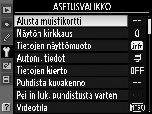 Kameran valikot Useimpia kuvaus-, toisto- ja asetusvalikon vaihtoehtoja voidaan säätää kameran valikoiden kautta. Valikot saa näkyviin painamalla G- painiketta.