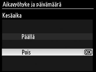 tunteina) ja paina J. 4 Valitse päiväysmuoto. Valitse kuukauden, päivän ja vuoden näyttöjärjestys painamalla 1 tai 3. Siirry seuraavaan vaiheeseen painamalla J.