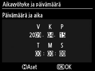 6 Aseta päivämäärä ja aika. Oikealla kuvattu valintaikkuna tulee esiin. Valitse kohta painamalla 4 tai 2, muuta painamalla 1 tai 3. Aseta kello ja palaa kuvaustilaan painamalla J.