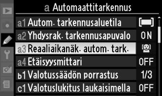 2 Valitse automaattitarkennustila. Paina P-painiketta ja valitse nykyinen automaattitarkennustila näytöltä monivalitsimen avulla.