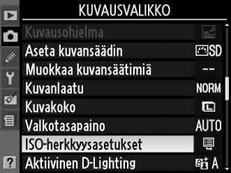 A Automaattinen Jos tilanvalitsin kierretään kohtaan P, S, A tai M sen jälkeen, kun AUTO on valittuna ISOherkkyydeksi toisessa tilassa, P, S, A tai M-tilassa viimeiseksi valittu ISO-herkkyys