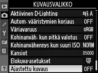 Kuvaaminen väliaika-ajastimella Kameralla voidaan ottaa valokuvia automaattisesti tietyin aikavälein. 1 Valitse Ajastettu kuvaus. Valikot saa näkyviin painamalla G- painiketta.