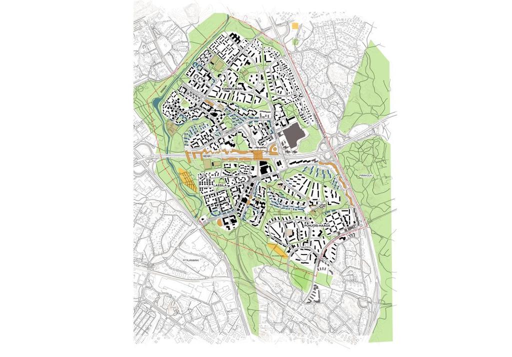 Yleissuunnitelma (diplomityössä mittakaavassa 1:5000) Suunnitelma koostuu koko Pohjois-Haagan, Lassilan ja Kannelmäen yleissuunnitelmallisesta tarkastelusta ja