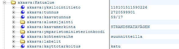 Kokkolan viivamainen kaavamääräys ei sisällä lainkaan gml:id tunnusta, sen sijaan yksilöinti- ja tunnustiedot aineistosta löytyvät (kuva 21).