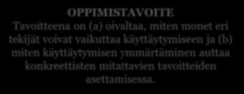 Tavoitteena käyttäytymisen muuttaminen A. Näin käyttäytyminen muuttuu 1) Markkinointi muutoksen mahdollistajana 2) Tavoitteiden mitoittaminen 3) Mistä tiedämme onnistuneemme? Mitä?