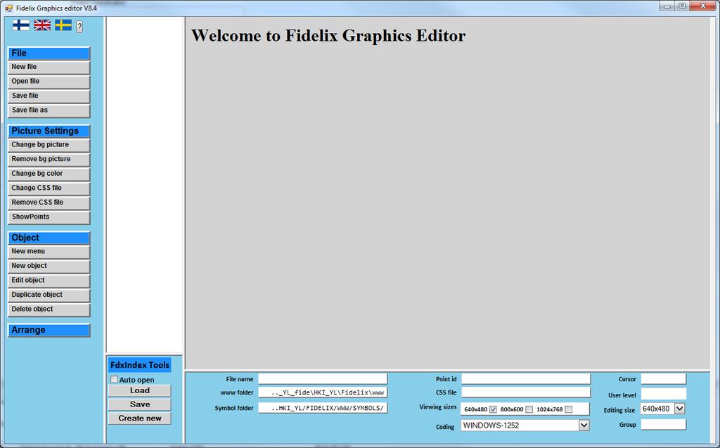 KUVA 7. HTMLEditor-ohjelman aloitusnäkymä 4.2.2 Fx-editor FX-editor on koko projektinhoidon keskipiste, jolla saadaan minimoitua ulkoisten ohjelmien käyttö.