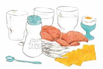 Ravitsemuksellisesti paras suolavaihtoehto on jodioitu ruokasuola. Kuva 6. Jodia ruoasta ja ripauksesta jodioitua suolaa.
