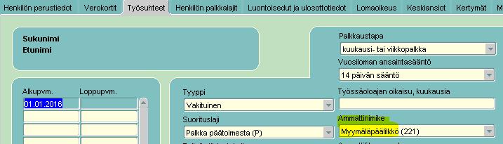 Nimikkeet luodaan käyttäjän toimesta EK tilastoinnin ohjeiden mukaan Palkansaajat Palkanlaskennan henkilöt Perustiedot Ammattinimikkeet