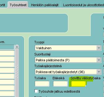 Mikäli kenttä on tyhjä, lasketaan viikkotyöaika Palkanlaskennan perustiedot Ohjaustiedot -välilehdeltä löytyvän Tuntien määrä / päivä kentän arvosta. 2.