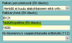 Tieto haetaan Palkansaajat Työsuhteet -välilehdelle Palkkaryhmä (EK-tilasto) -kentästä, johon käyttäjä syöttää alakohtaisen määrityksen mukaisen palkkaryhmätiedon. 2.