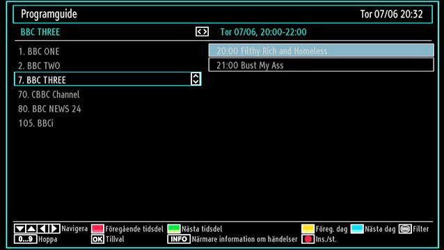 Blå knapp (Filter): Visar filtreringsalternativ. (RECORD) (Spela in): TV:n börjar spela in det valda programmet. Du kan trycka på nytt för att stoppa inspelningen.