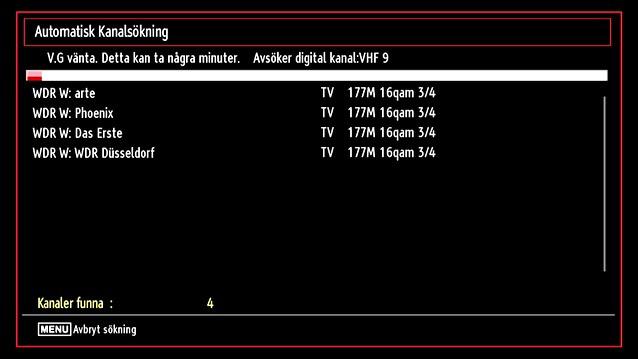 Obs. Du kan trycka på knappen M för att avbryta. Efter att alla tillgängliga stationer sparats kommer kanallistan att visas på skärmen.