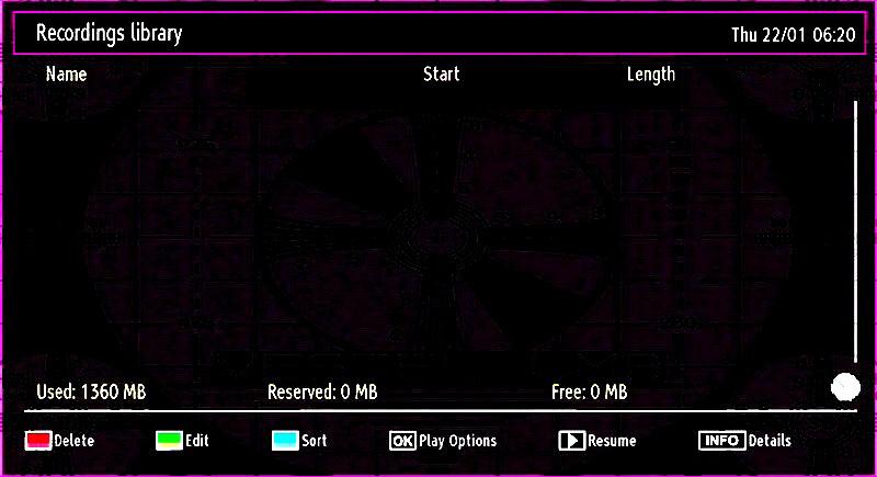 INFO: Changes filter options. Recordings Library IMPORTANT: To view recordings library, you should first connect a USB disk to your TV while the TV is switched off.