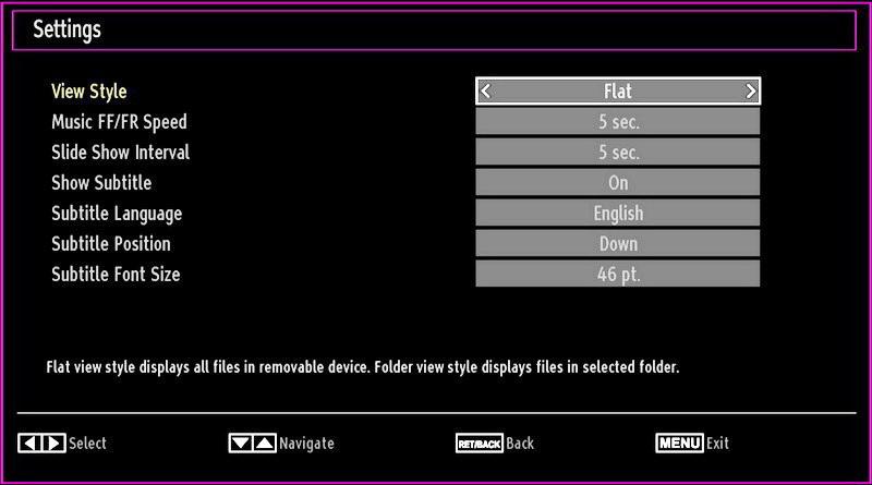 Media Browser Settings You can set your Media Browser preferences by using the Settings dialog. Press or button to highlight an item and use or button to set. View Style: Sets default browsing mode.