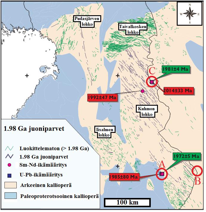 Kuva 56. ~ 1.98 miljardin vuoden ikäiset juoniparvet Itä- ja Keski-Suomen arkeeisella alueella (Vuollo & Huhma 2005). A. Kolin-Kaltimon alueen ~ 1.