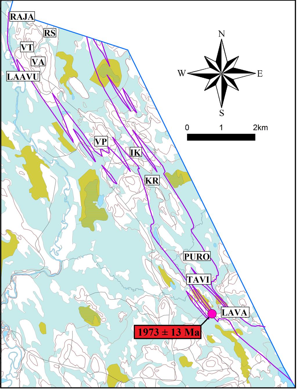 Kuva 7. Tutkimusalue, jossa esitettynä tutkimuskohteiden ja ikämääritysnäytteen sijainti.