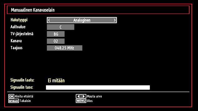 Analoginen manuaalihaku Kun olet valinnut analogisen hakutyypin, voit käyttää / painiketta kohdan valitsemiseksi ja painaa istten tai painiketta option asettamiseksi.