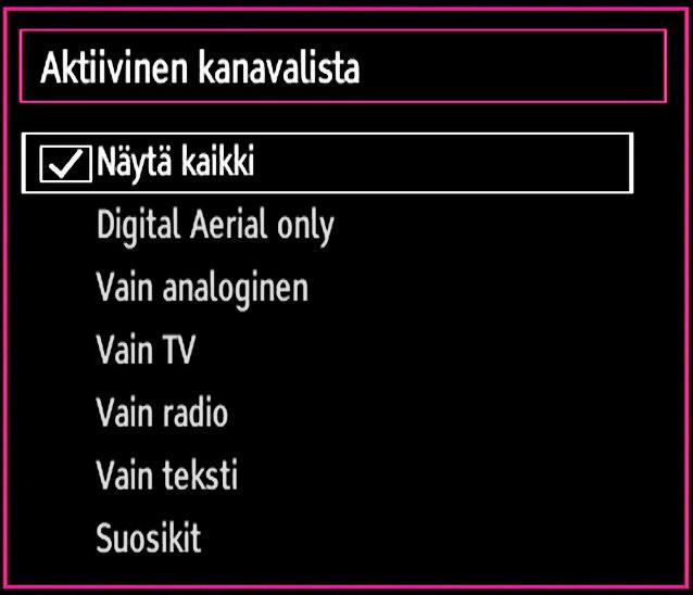 KELTAINEN: M e r k i t s e e k a n a v a n / p e r u u merkinnän. VIHREÄ : Merkitsee/peruu kanavien merkinnät. SININEN: Näyttää suodatusvaihtoehdot.