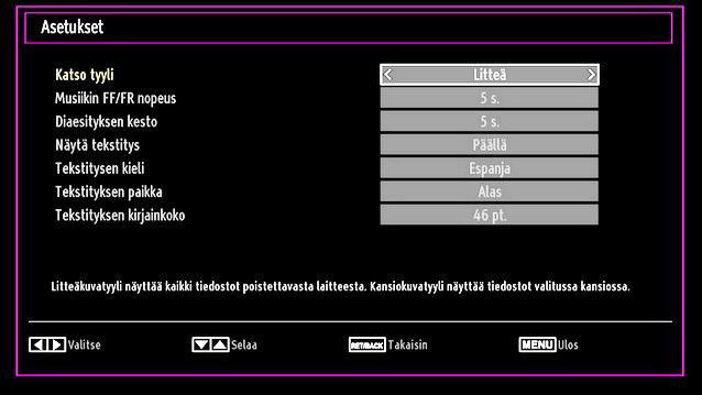 Mediaselaimen asetukset Voit asettaa Mediaseliman mieltymykset Asetuksetdilaogia käyttämällä. Paina tai painiketta kohdan korostamiseksi ja käytä tai painiketta asettamiseksi.