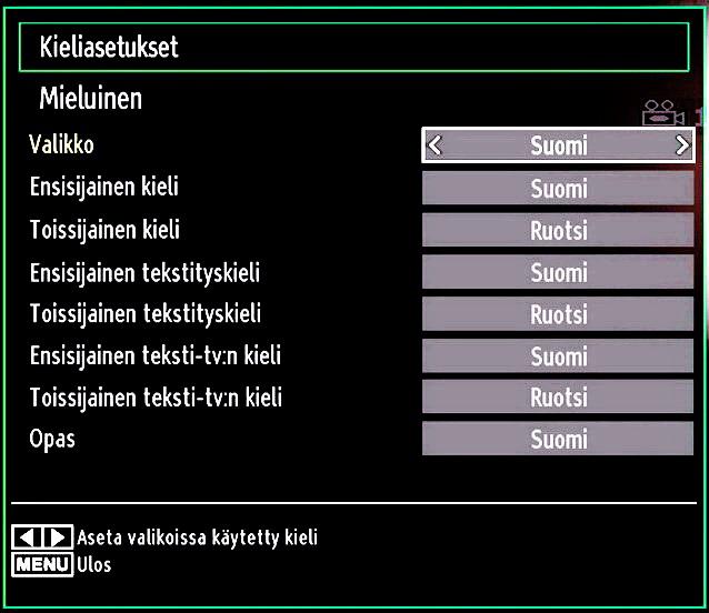 Käytä tai painiketta kohdan asettamiseksi. Asetukset tallentuvat automaattisesti. Menu: näyttää järjestelmäkielen. Suosittu Näitä asetuksia käytetään jos ne ovat esillä.