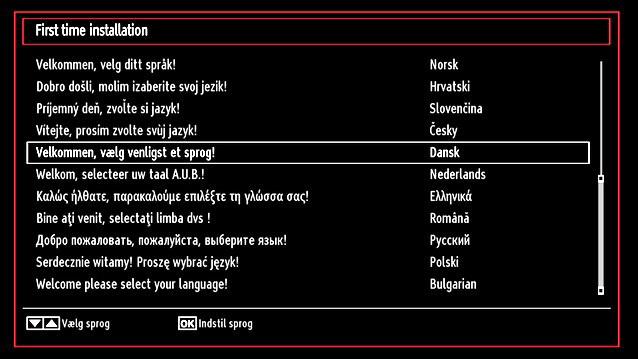 Førstegangsinstallation VIGTIGT: Sørg for at antennen eller kablet er forbundet, og at et fælles interfacemodul ikke er sat i, før tv et tændes for første gang.