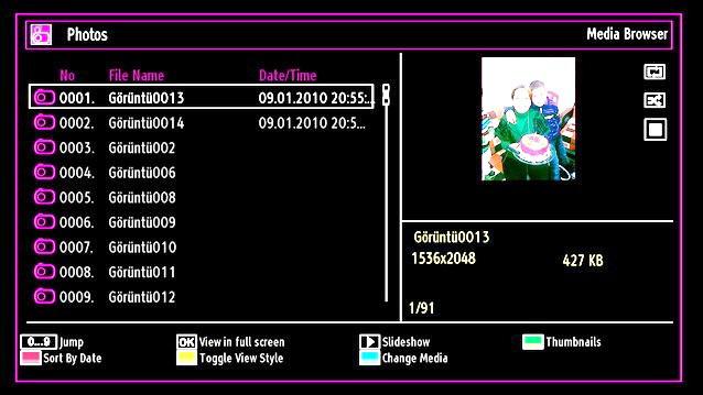 Jump (Numeric buttons): Jump to selected file using the numeric buttons. OK: Views the selected picture in full screen. Slideshow ( button): Starts the slideshow using all images.