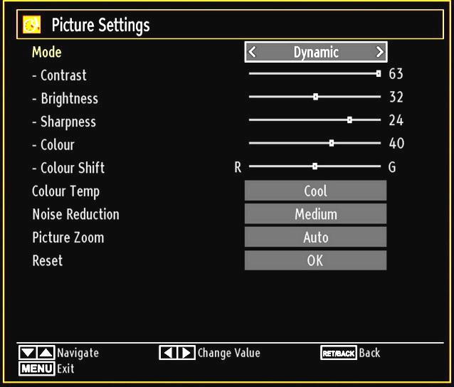 Setting Warm option gives white colours a slight red stress. Noise Reduction: If the broadcast signal is weak and the picture is noisy, use Noise Reduction setting to reduce the noise amount.