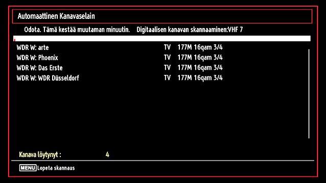 Kielen valitsemisen jälkeen tulee näyttöön Tervetuloa kuvaruutu, jossa pyydetään asettamaan Maa,Teksti-TV kieli ja Kartoituksen salakoodausoptiot. Voit valita taajuusalueet tästä ruudusta.