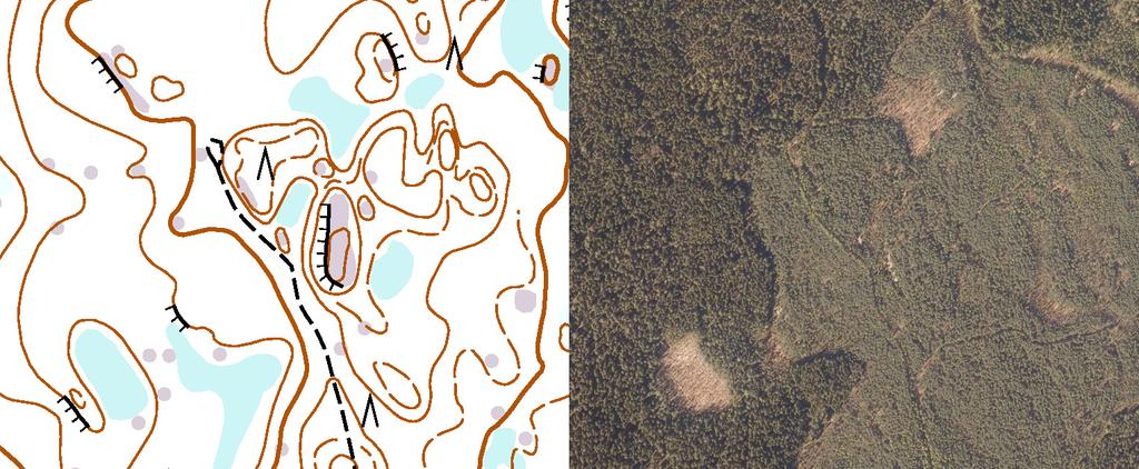 Vasemmalla olevasta kartasta ei oikein erota metsää puilta. Ilmakuva kertoo siinä suhteessa enemmän.