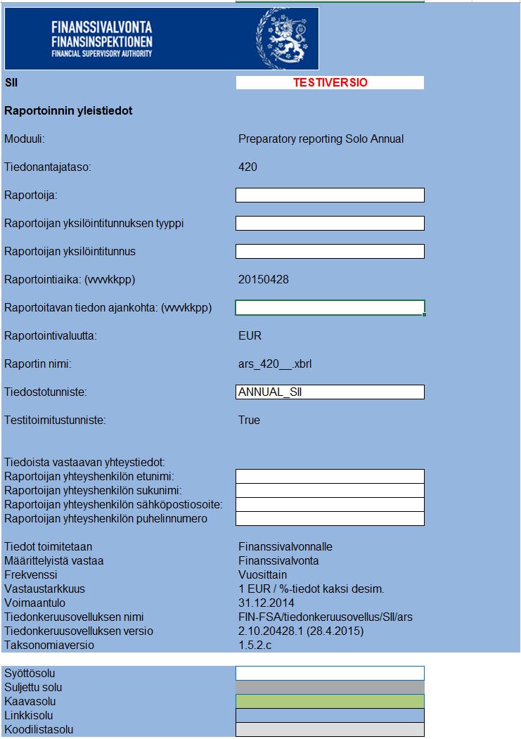 Tiedonkeruusovelluksen käyttö Yleistiedot-sivu Yleistiedot-sivun tietojen täydennykset: Raportoitavan tiedon ajankohta (vvvvkkpp) Tiedoista vastaavan yhteystiedot: Raportin yhteyshenkilön