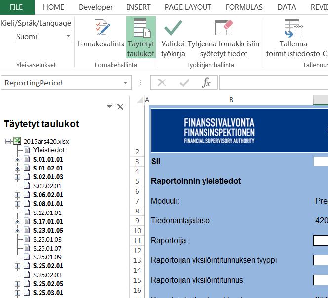 Tiedonkeruusovelluksen käyttö täyttötilanne Taulukoiden täyttötilannetta on mahdollisuus katsoa FIVA-SII-työkirja - välilehden kautta valitsemalla avautuvasta valintanauhasta Täytetyt taulukot